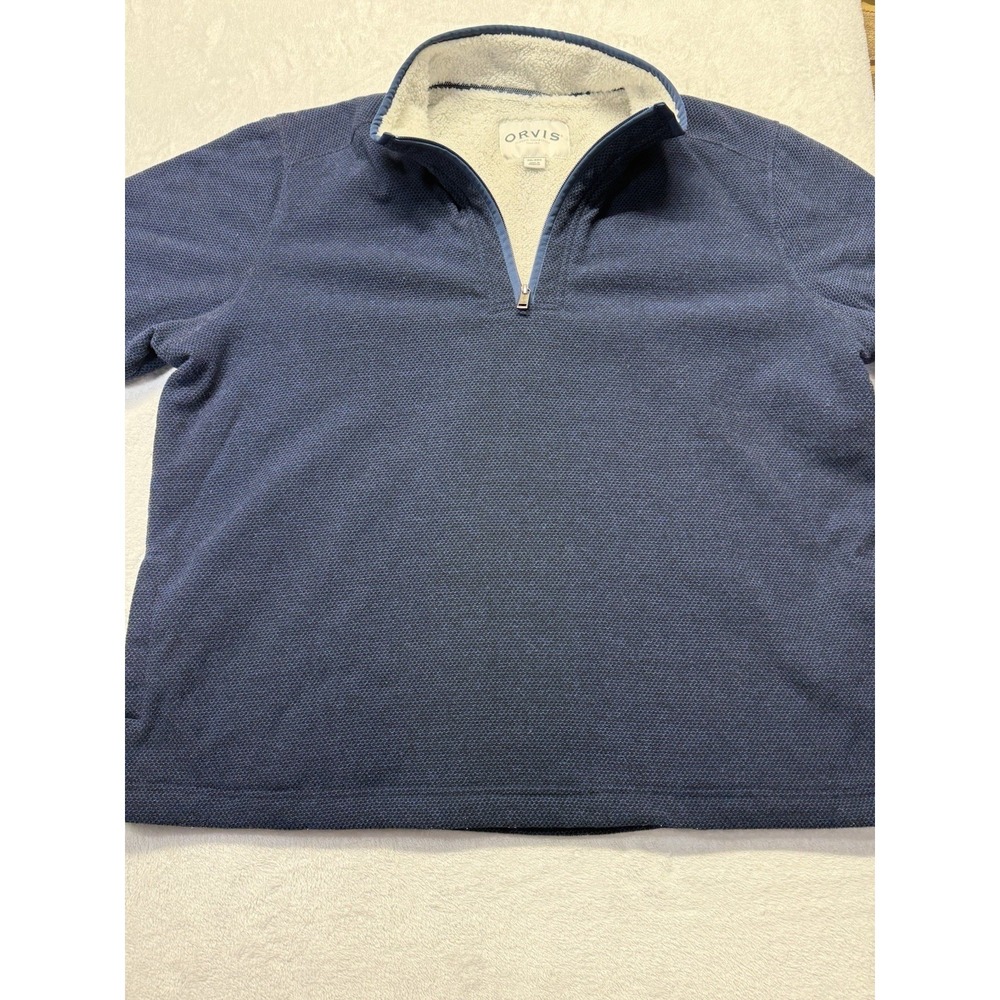 Orvis Mens XXL Blue Sweater 1/4 Zip Pullover Sherpa Lined Fly Tying Orvis Logo